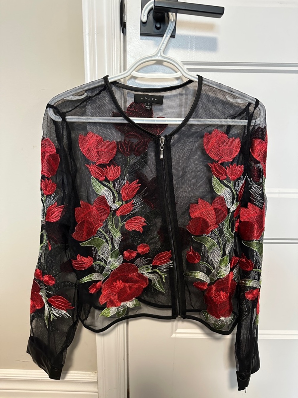 ADIVA Black Sheer Bomber Jacket with Red Floral Embroidery